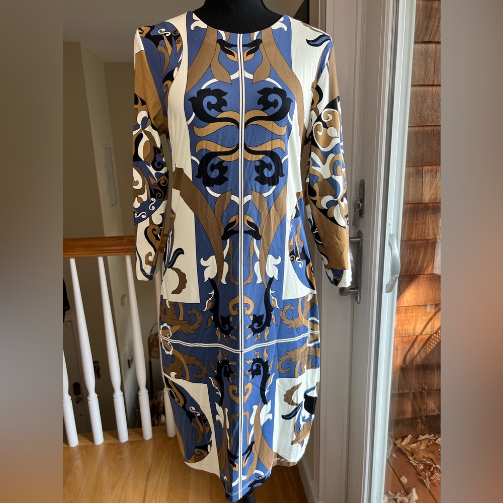 J. McLaughlin Sophia Dress in Cream Navy Brown Abbey Print with 3/4 Sleeve